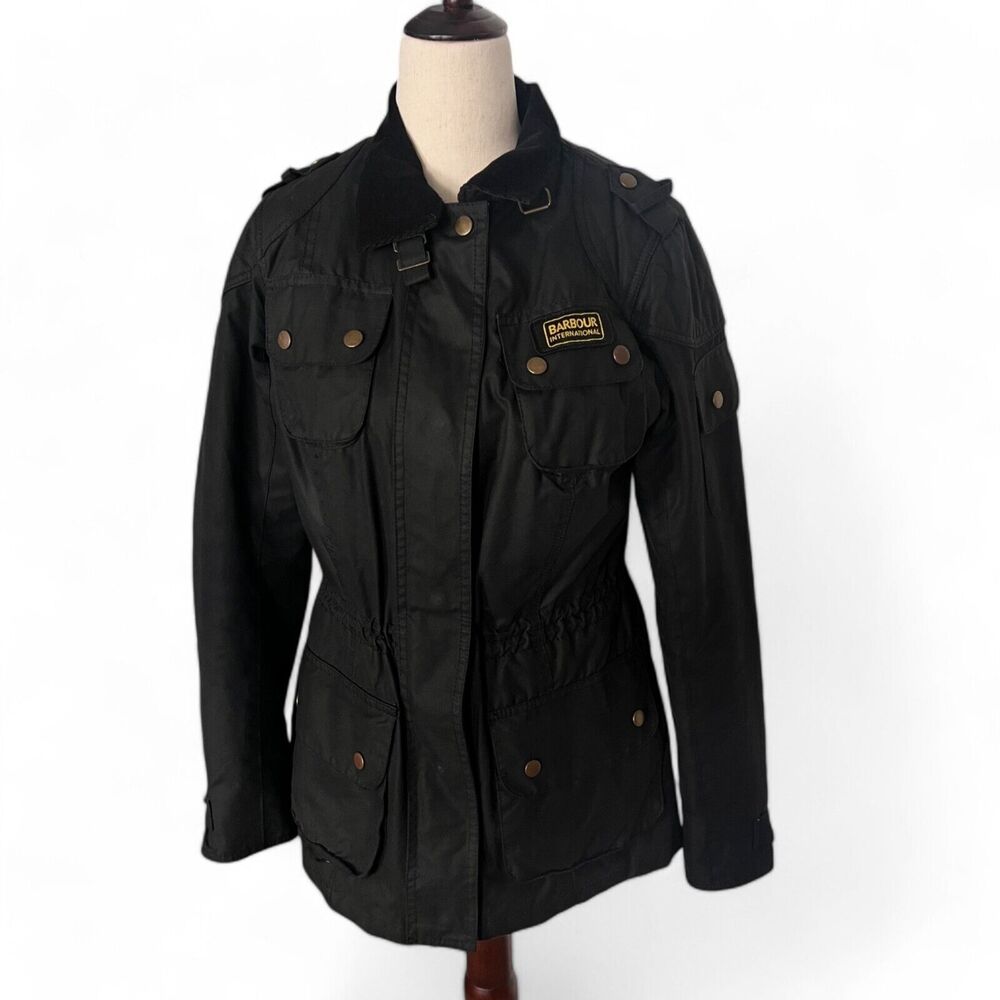 BARBOUR INTERNATIONAL Wax Jacket Womens US 6 Black Waxed Biker Motorcycle Lined